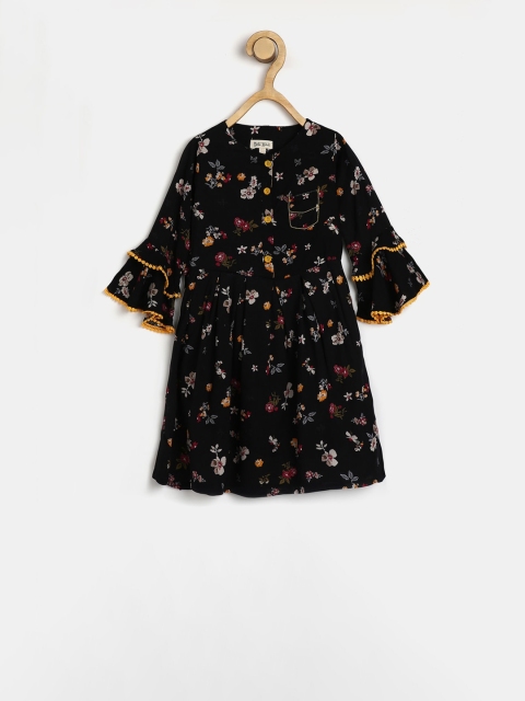 

Bella Moda Girls Black & Yellow Floral Printed Fit and Flare Dress