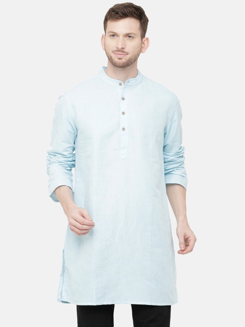 

CAVALLO by Linen Club Men Blue Solid Straight Cotton Linen Kurta