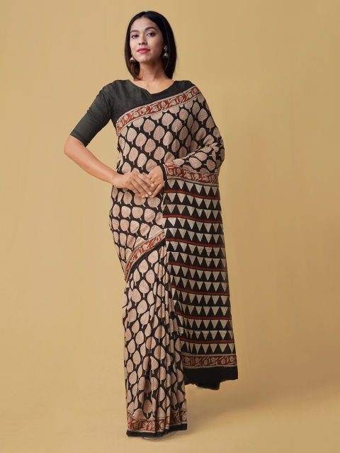 

Unnati Silks Black & Beige Pure Cotton Printed Handloom Kota Saree