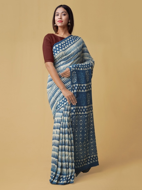 

Unnati Silks Blue Pure Cotton Printed Handloom Kota Saree