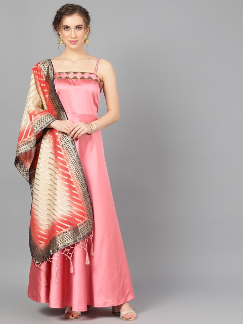 

AKS Couture Women Pink Printed Maxi Dress With Dupatta