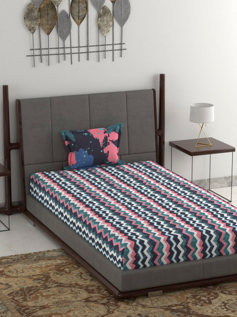 

Trident Navy Blue & Pink Geometric 144 TC Cotton 1 Single Bedsheet with 1 Pillow Covers