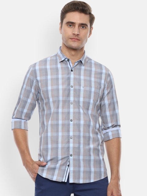 Van Heusen Sport Men Grey & Blue Slim Fit Checked Casual Shirt