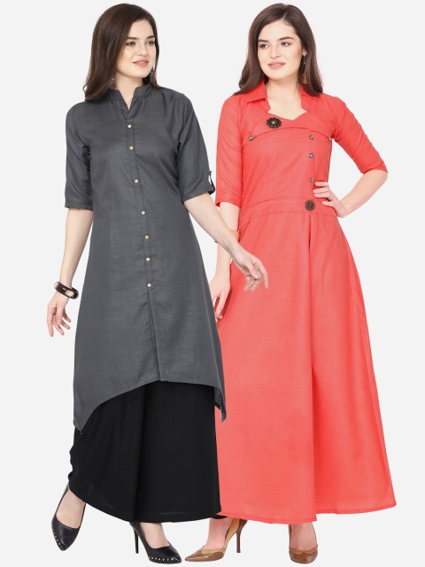 

Silk Bazar Women Pack of 2 Solid Kurtas with Palazzos, Pink