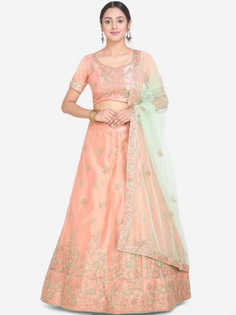 

Mitera Peach-Coloured & Green Embroidered Semi-Stitched Lehenga & Unstitched Blouse with Dupatta