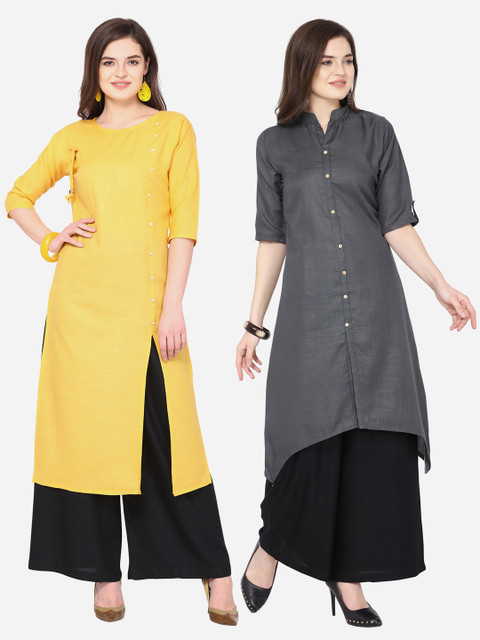

Silk Bazar Women Pack of 2 Yellow & Charcoal Grey Kurta with Palazzo Sets