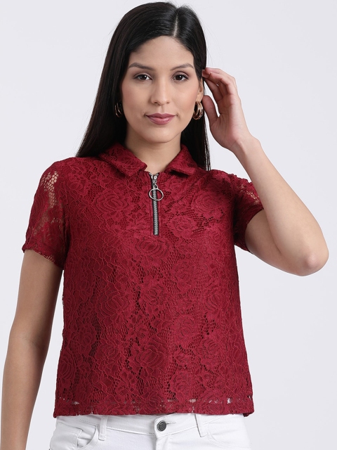 

Zink London Women Maroon Self Design Lace Top