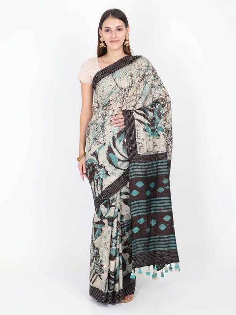 

SABOO COLLECTIONS Beige Pure Silk Printed Tussar Saree