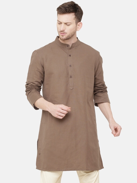 

CAVALLO by Linen Club Men Brown Solid Straight Cotton Linen Kurta