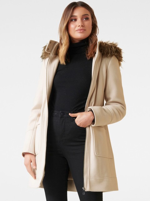 

Forever New Women Cream-Coloured Solid Fran Coat