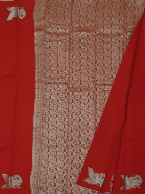 

Pothys Orange & Silver-Toned Art Silk Woven Design Saree