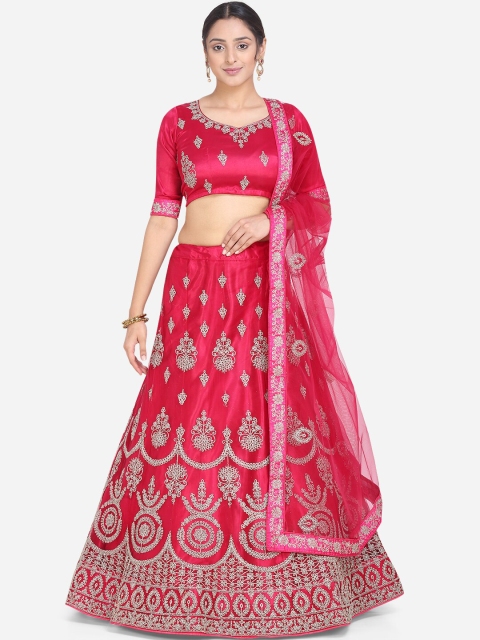 

Mitera Pink & Silver-Coloured Embroidered Semi-Stitched Lehenga & Unstitched Blouse With Dupatta