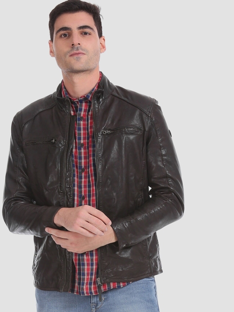 

U.S. Polo Assn. Men Brown Solid Leather Biker Jacket