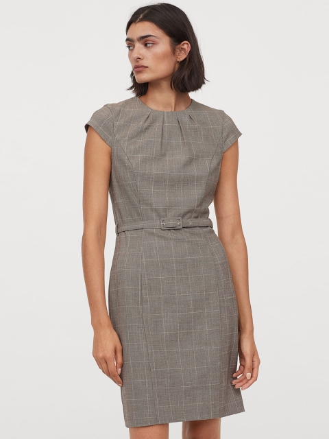 

H&M Women Taupe Checked Dress With A Belt