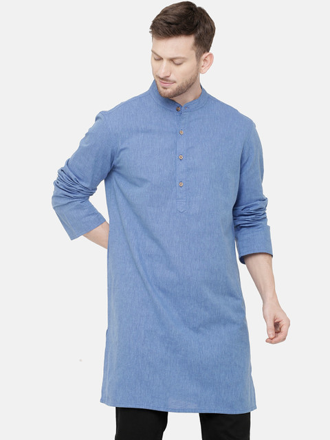 

CAVALLO by Linen Club Men Blue Solid Straight Cotton Linen Kurta
