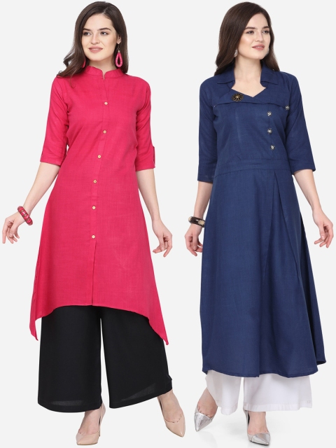 

Silk Bazar Women Pack of 2 Blue & Pink Solid Kurta with Palazzos