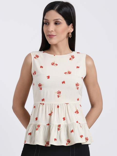 

Zink London Women Beige Floral Printed Peplum Top