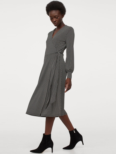 

H&M Women Black & White Calf-Length Wrap Dress