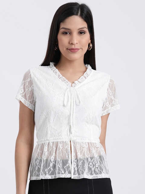 

Zink London Women White Self Design Peplum Top