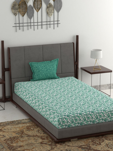 

Trident Turquoise Blue & Off-White Abstract 144 TC Cotton Bedsheet with Pillow Cover