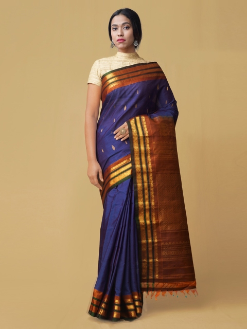 

Unnati Silks Blue Silk Cotton Woven Design Gadwal Saree