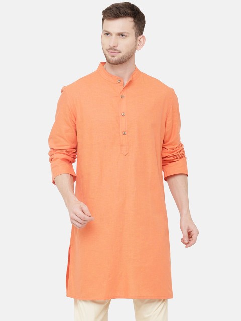 

CAVALLO by Linen Club Men Orange Solid Straight Cotton Linen Kurta