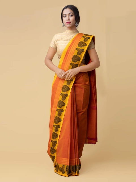 

Unnati Silks Orange & Pink Pure Cotton Striped Kanjeevaram Saree