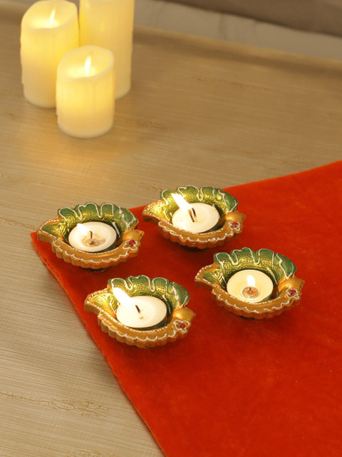 

TIED RIBBONS Pack of 4 Brown & Green Terracotta Diyas