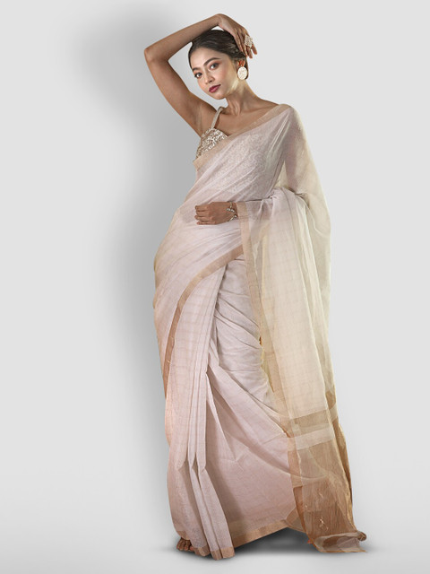 

Aryavart White & Gold-Toned Silk Cotton Checked Saree