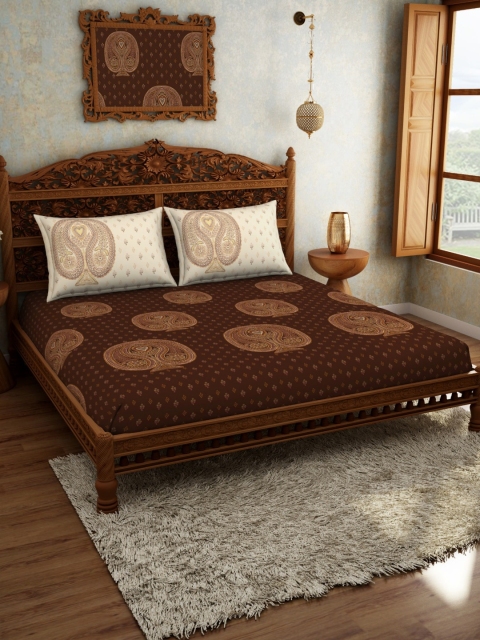 

SPACES Brown Ethnic Motifs 210 TC Cotton 1 King Bedsheet with 2 Pillow Covers