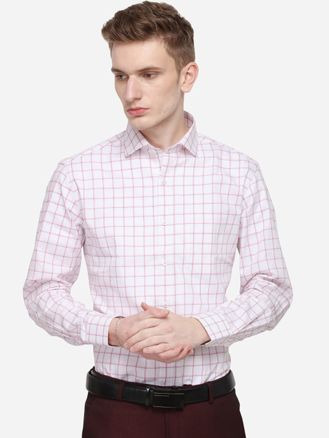 

JADE BLUE Men Off-White & Pink Slim Fit Checked Formal Shirt