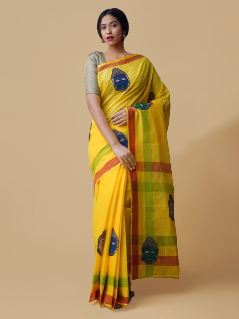 

Unnati Silks Yellow Pure Cotton Printed Mangalagiri Saree