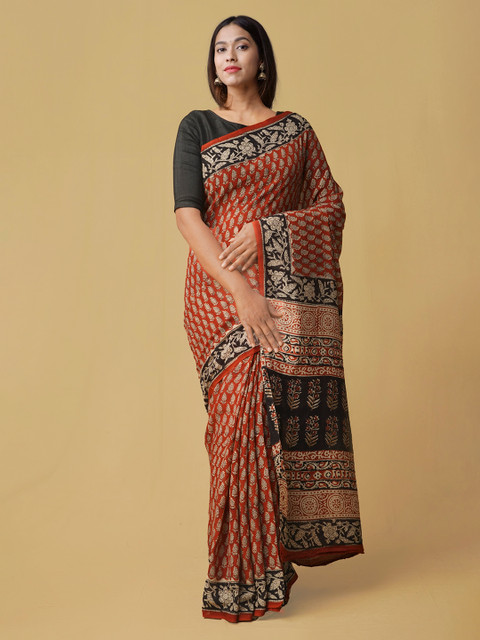 

Unnati Silks Red & Black Pure Cotton Printed Kota Saree