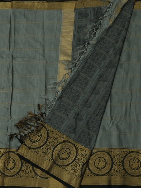 

Pothys Grey & Gold-Toned Jute Silk Checked Saree