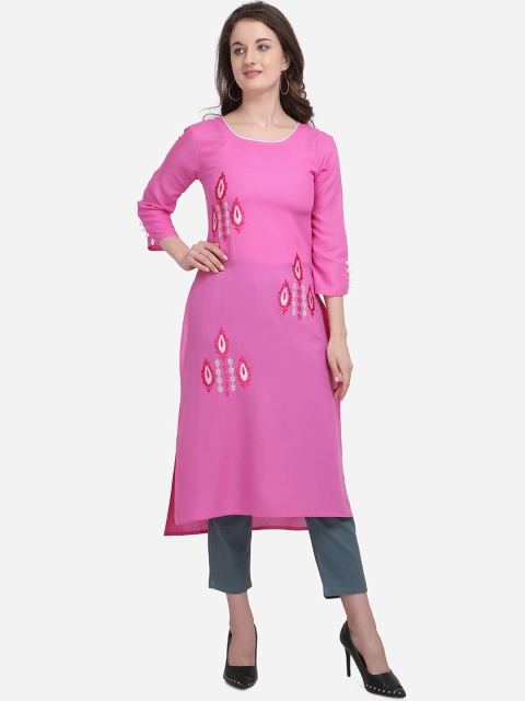

Kvsfab Women Pink Embroidered Straight Kurta