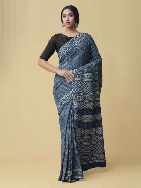 

Unnati Silks Navy Blue Pure Cotton Printed Kota Saree