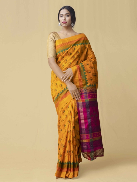

Unnati Silks Yellow & Magenta Silk Cotton Printed Kanjeevaram Saree