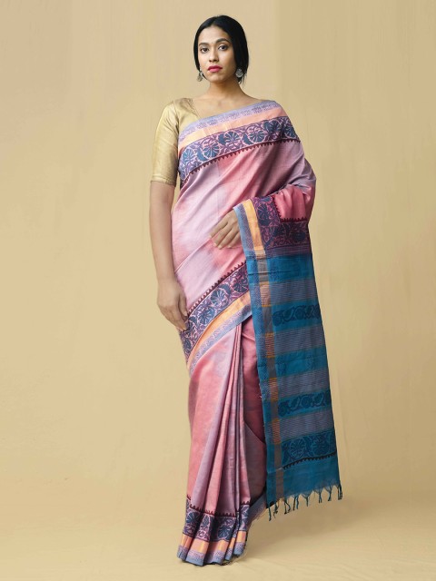 

Unnati Silks Pink & Blue Silk Cotton Solid Kanjeevaram Saree