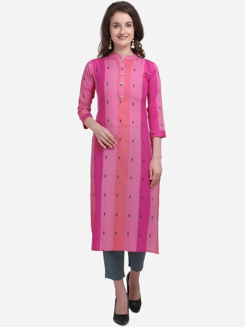

Kvsfab Women Pink & Yellow Embroidered Straight Kurta