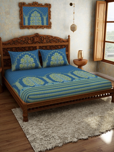 

SPACES Blue & Green Ethnic Motifs 210 TC Cotton 1 King Bedsheet with 2 Pillow Covers