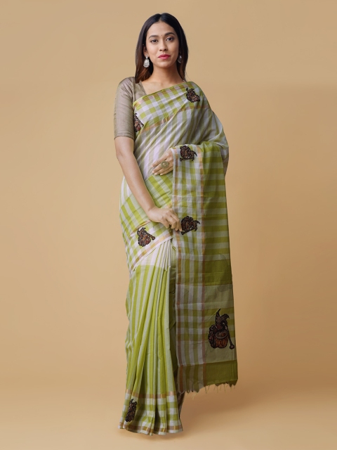 

Unnati Silks Green Handloom Pure Cotton Striped Mangalagiri Saree