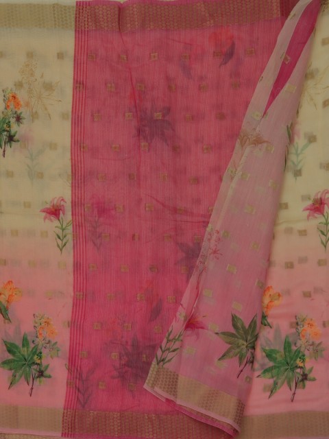 

Pothys Cream-Coloured & Pink Jute Silk Printed Saree