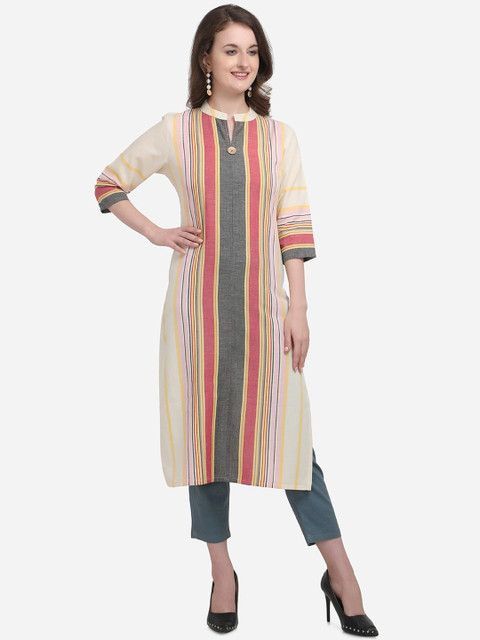 

Kvsfab Women Green & White Striped Straight Kurta
