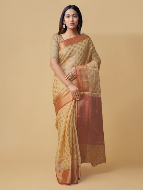 

Unnati Silks Yellow & Gold-Toned Silk Cotton Woven Design Banarasi Saree