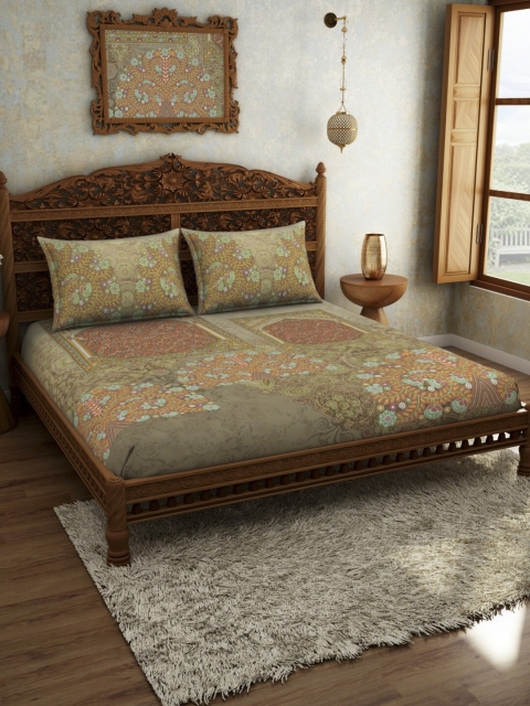 

SPACES Beige Ethnic Motifs 300 TC Cotton 1 King Bedsheet with 2 Pillow Covers