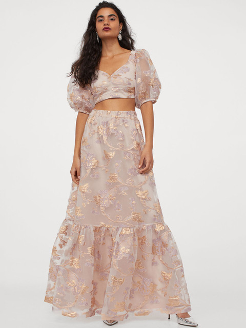 

H&M Women Pink Embellished Jacquard-Weave Maxi Skirt
