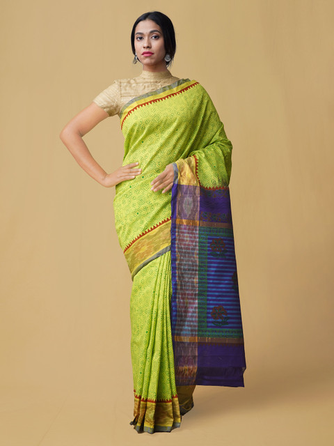 

Unnati Silks Green & Blue Silk Cotton Woven Design Pochampally Saree