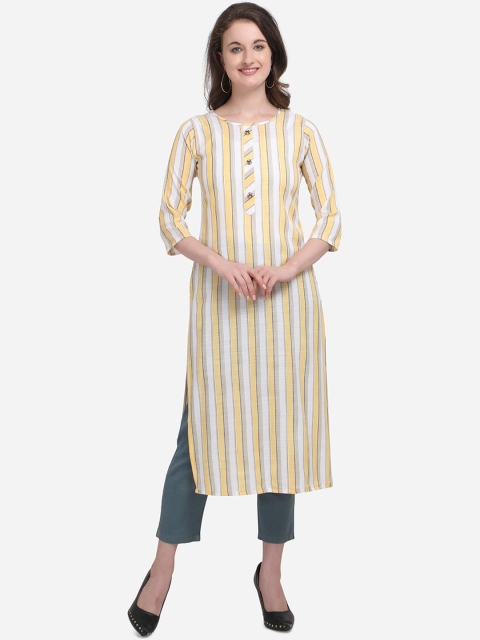 

Kvsfab Women Yellow & White Striped Straight Kurta
