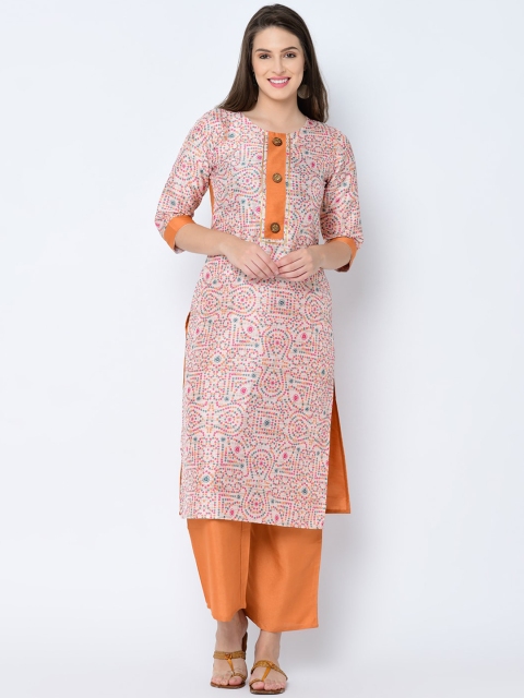 

ZIYAA Women Cream-Coloured & Orange Printed Kurta with Palazzos