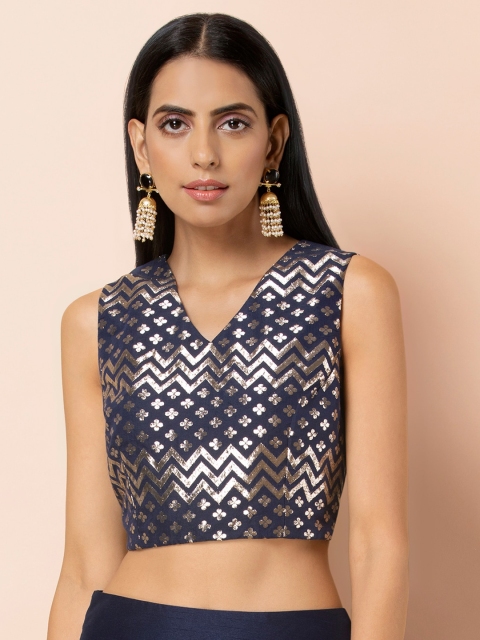 INDYA Women Navy Blue & Silver Woven Design Fitted Crop Top